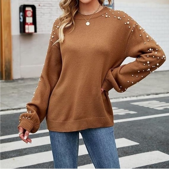Sweaters - Brown/tan Pearl-Embellished Women's Sweater